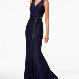 Adrianna Papell Lace V-Neck Gown - Navy
